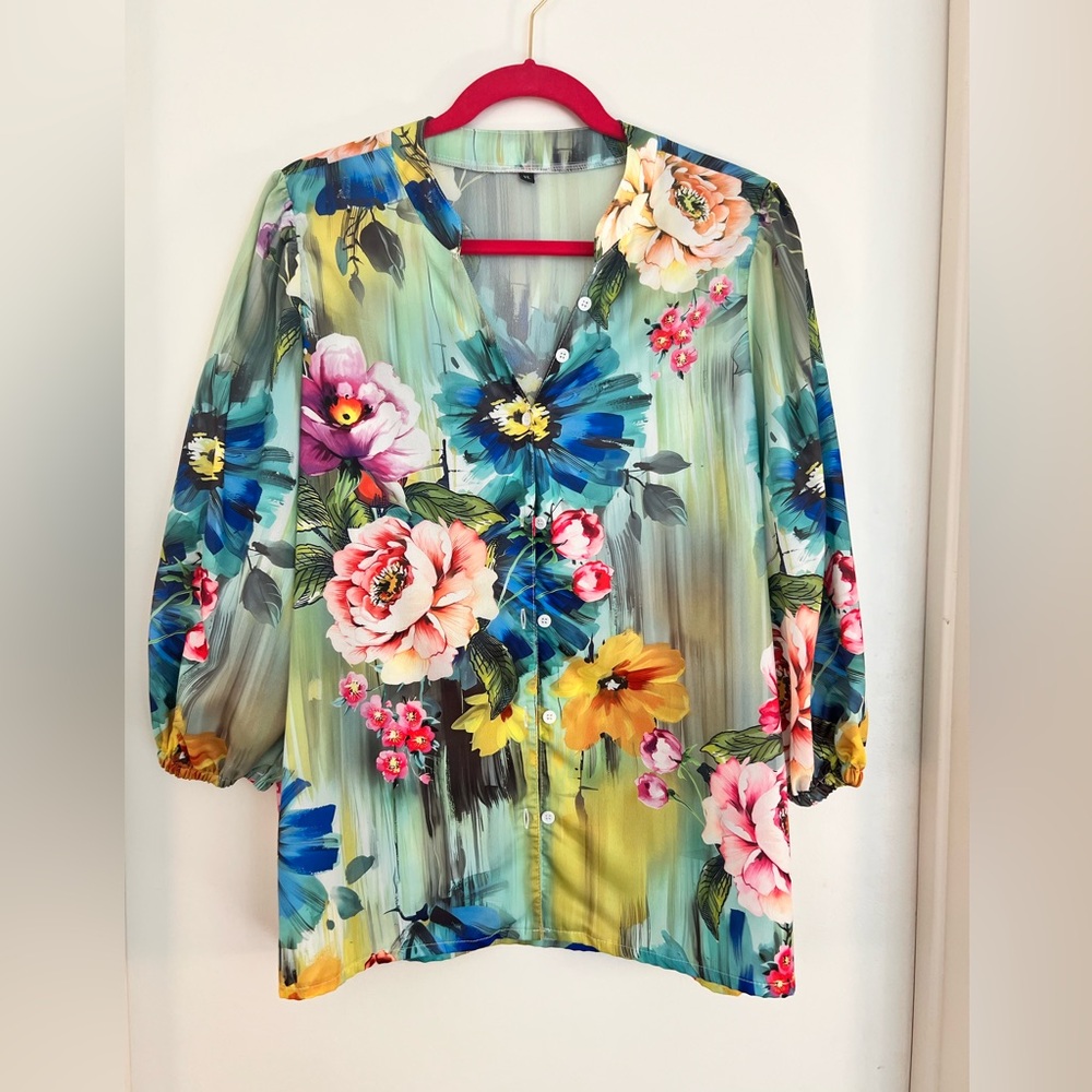 Multicolored Button Up Blouse, Size XL